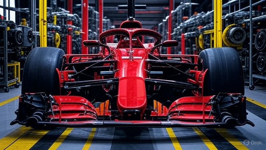 Red Formula 1 car in a high-tech garage